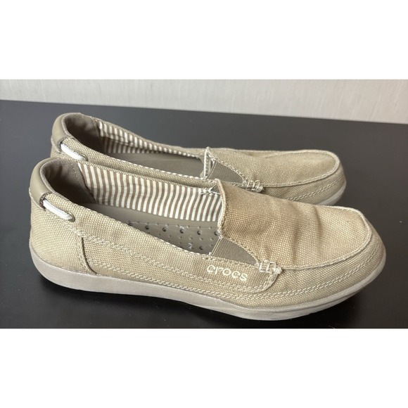 Crocs Shoes Womens 6 Walu Loafers Khaki Canvas Casual Slip On - Picture 3 of 6